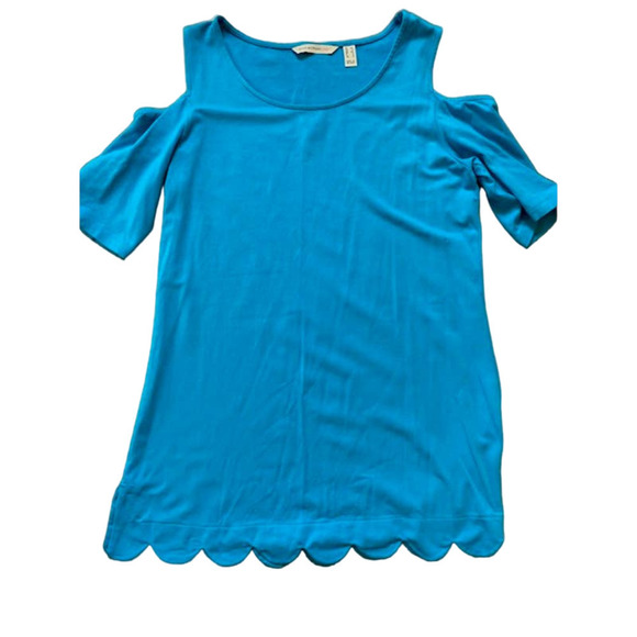 Isaac Mizrahi Live! Cold Shoulder Tunic w/Scallop Hem Sz XS Aqua NEW - Picture 1 of 3